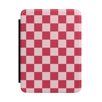 Cherry red and pale pink checkerboard Kindle Paperwhite case front cover — Atelier retro gift