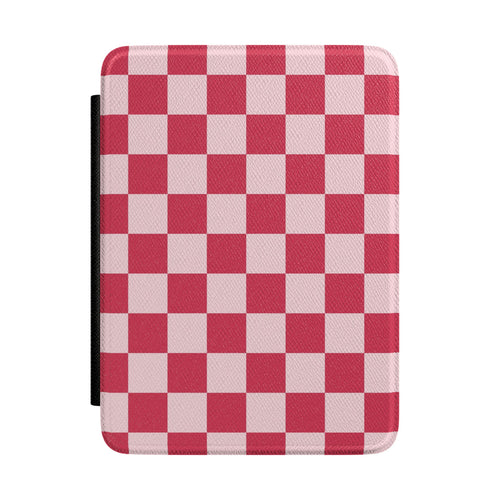 Cherry red and pale pink checkerboard Kindle Paperwhite case front cover — Atelier retro gift