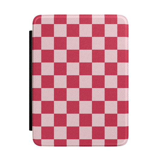 Cherry red and pale pink checkerboard Kindle Paperwhite case front cover — Atelier retro gift