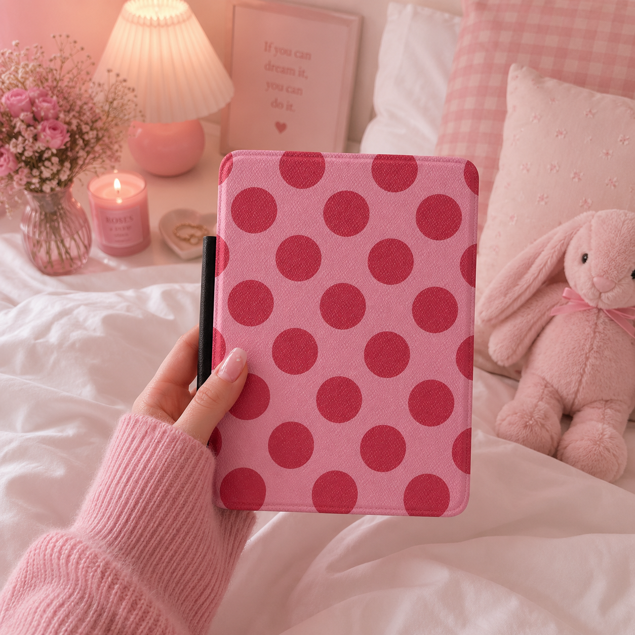 Cherry red polka dot Kindle case front cover close-up — Atelier rose ground print
