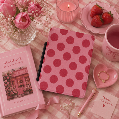 Soft rose cherry red polka dot Kindle Paperwhite case — Atelier vintage gift for readers