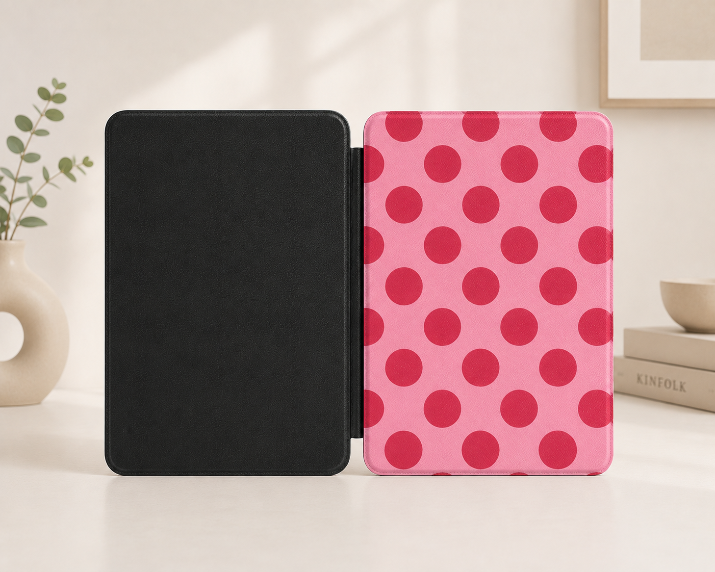 Cherry red polka dot Kindle case open showing black interior — Atelier rose ground