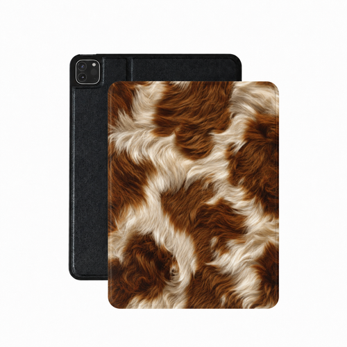 Chestnut cowhide iPad case in brown and cream vegan Saffiano leather — photographic cow print folio