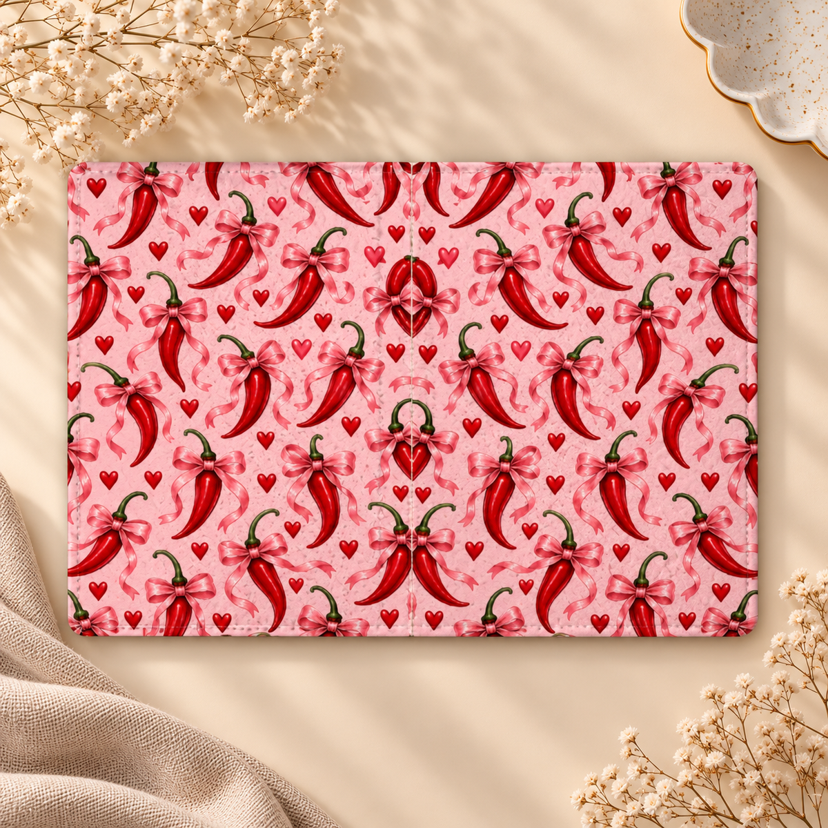 Chili Peppers & Bows Kindle case opened flat, front and back — red chili peppers, pink bows and hearts on pink