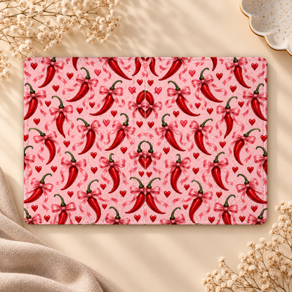 Chili Peppers & Bows Kindle case opened flat, front and back — red chili peppers, pink bows and hearts on pink