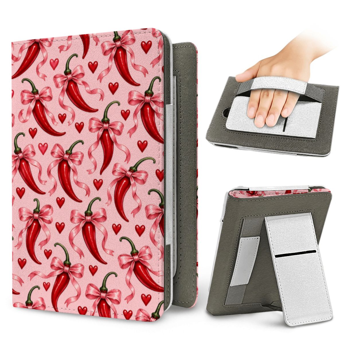 Chili Peppers & Bows Kindle case — elastic hand strap and fold-out stand on the back