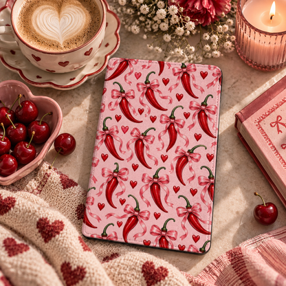 Chili Peppers & Bows Kindle case — red chili peppers with pink bows, styled with a latte, cherries and a pink candle