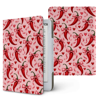 Chili Peppers & Bows Kindle case — red chili peppers tied with pink bows on pink, printed front and back