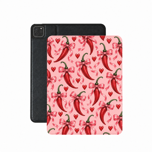 Chili Peppers & Bows iPad case — red chili peppers with pink bows and hearts on pink