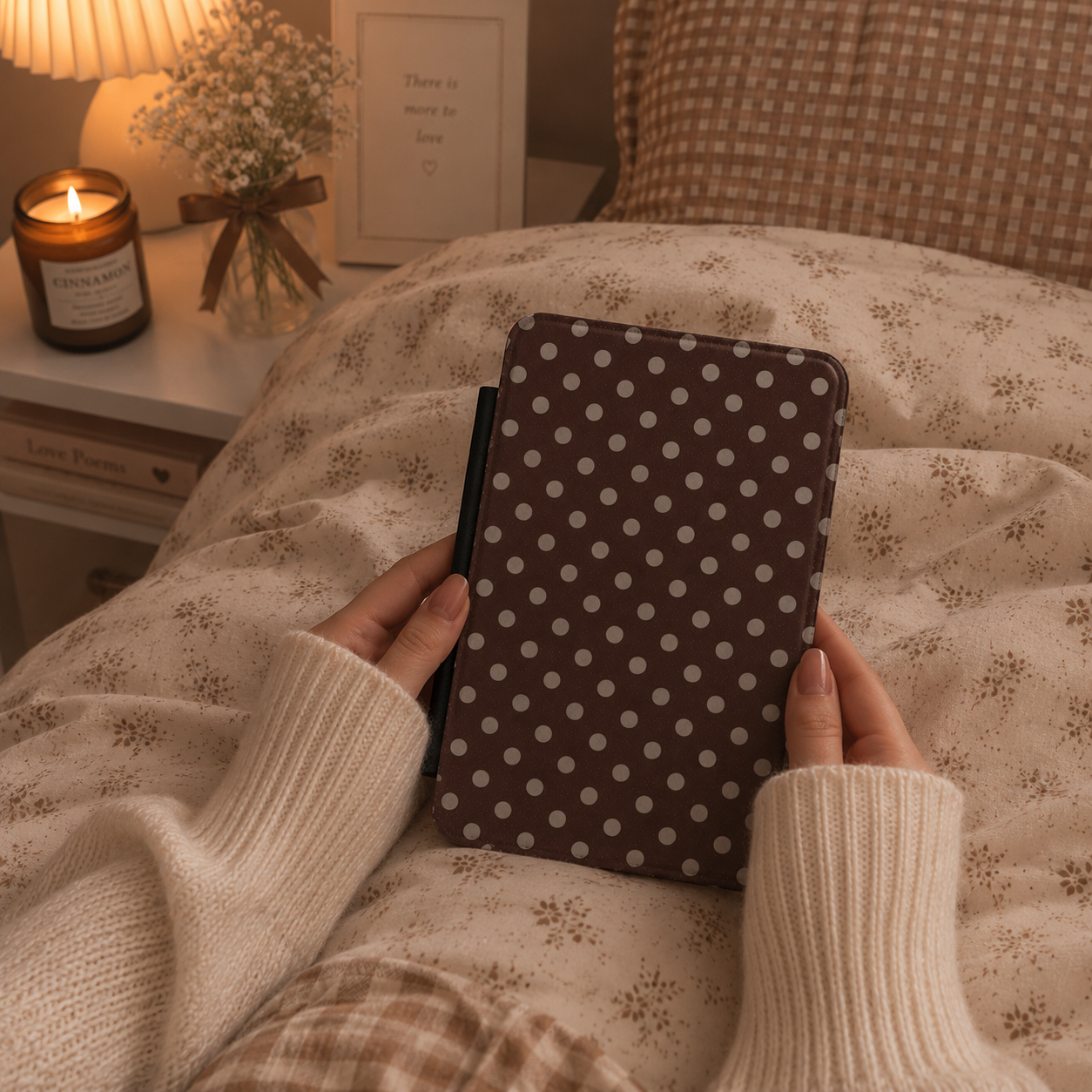 Chocolate brown polka dot Kindle case front cover close-up — Maison Noir vintage print