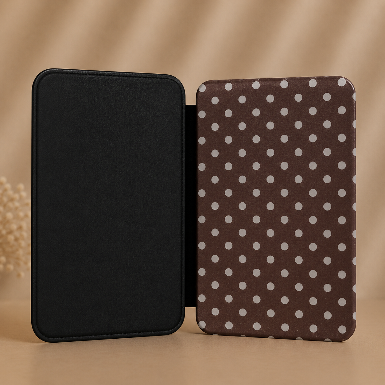 Chocolate polka dot Kindle case with elastic hand strap — Maison Noir vintage brown