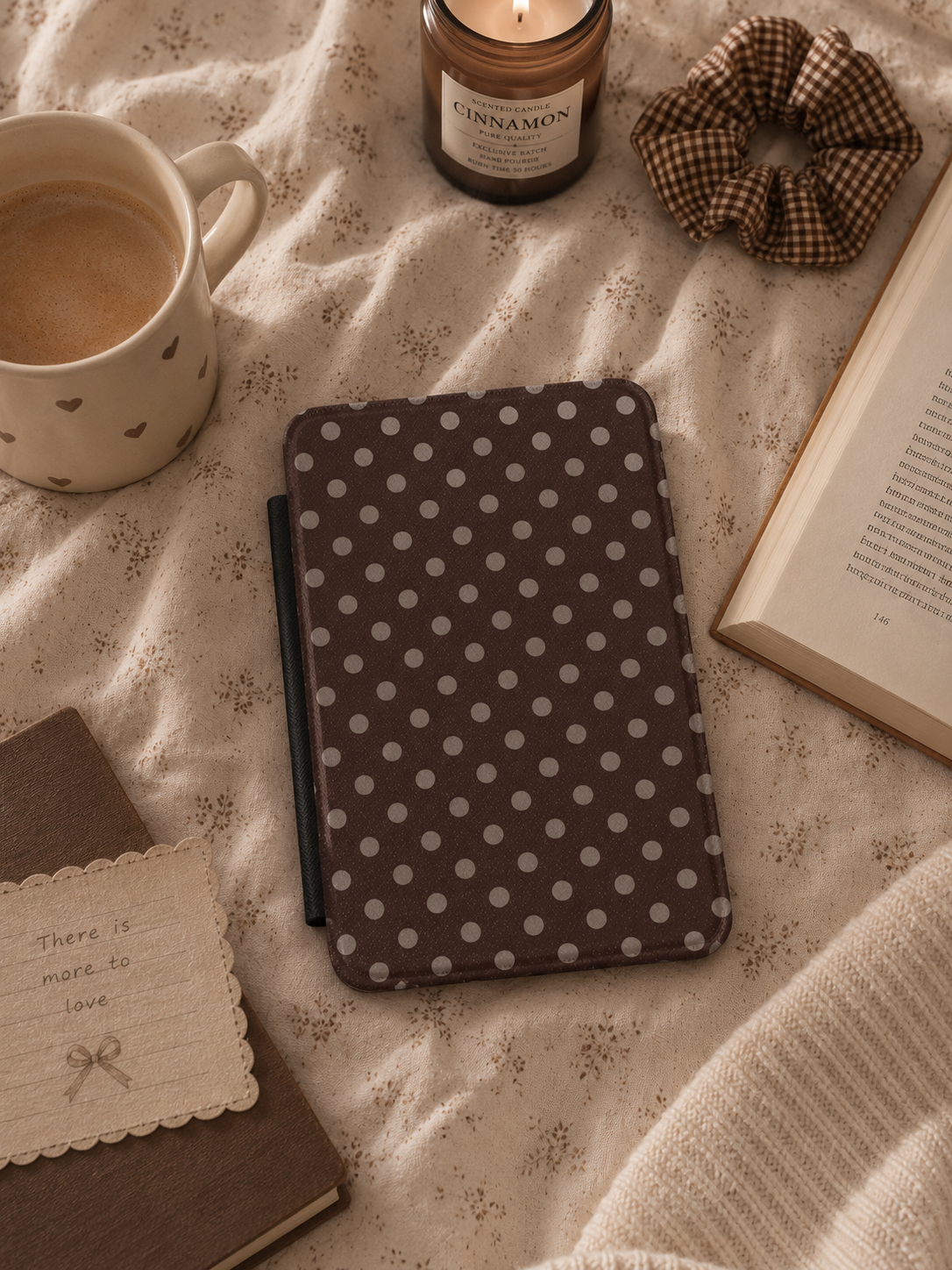 Dark brown taupe polka dot Kindle case open showing black interior — Maison Noir