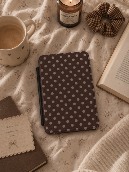 Dark brown taupe polka dot Kindle case open showing black interior — Maison Noir