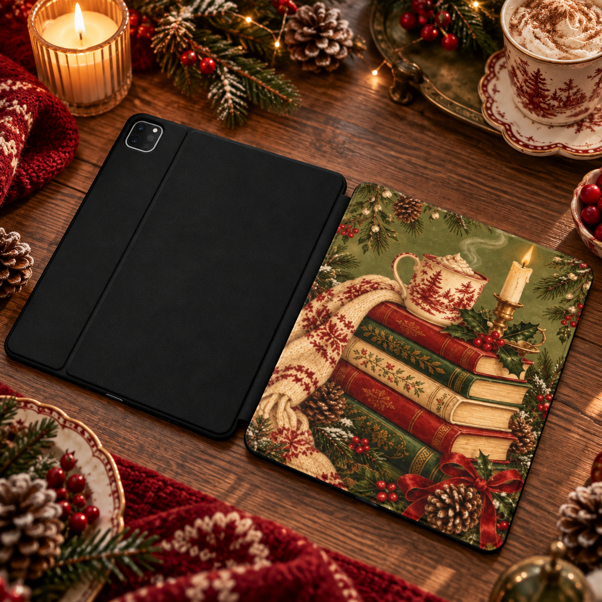 Christmas Book Stack iPad case shown front and back — printed front cover, plain black back