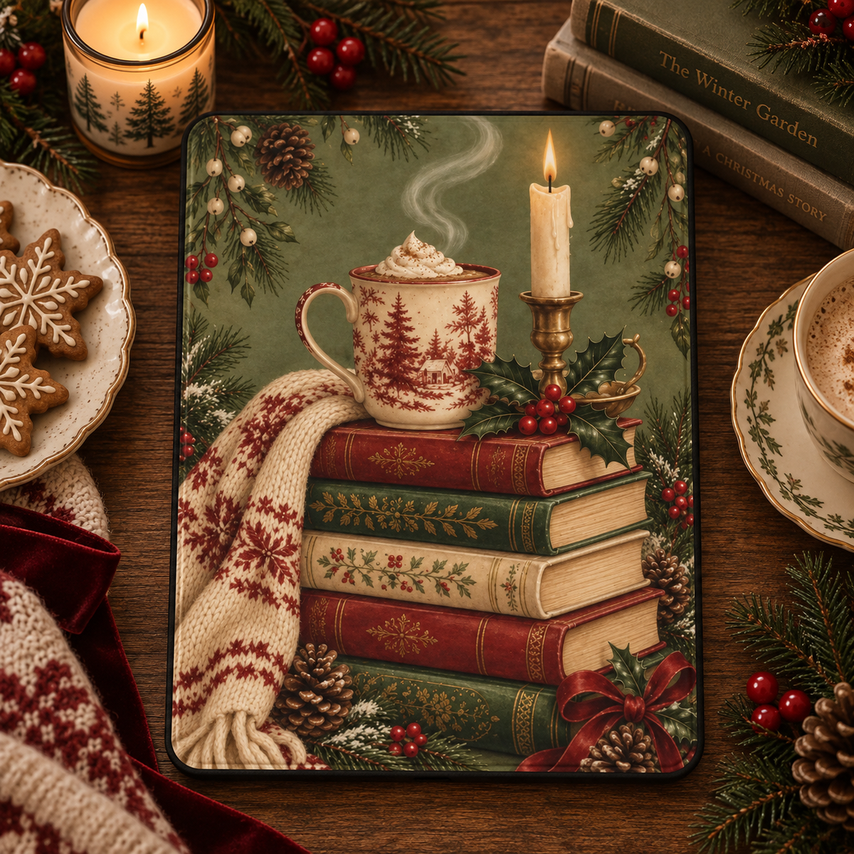 Christmas Book Stack iPad case styled with gingerbread cookies, a candle and a knit scarf