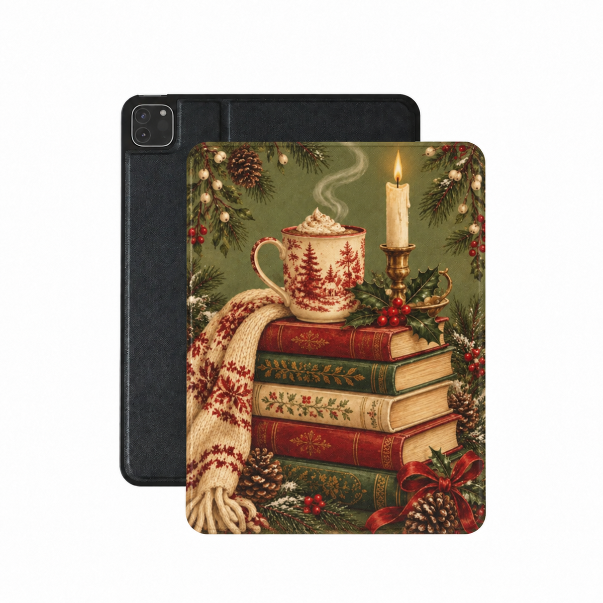 Christmas Book Stack iPad case — stacked holiday books, cocoa mug and candle on sage green