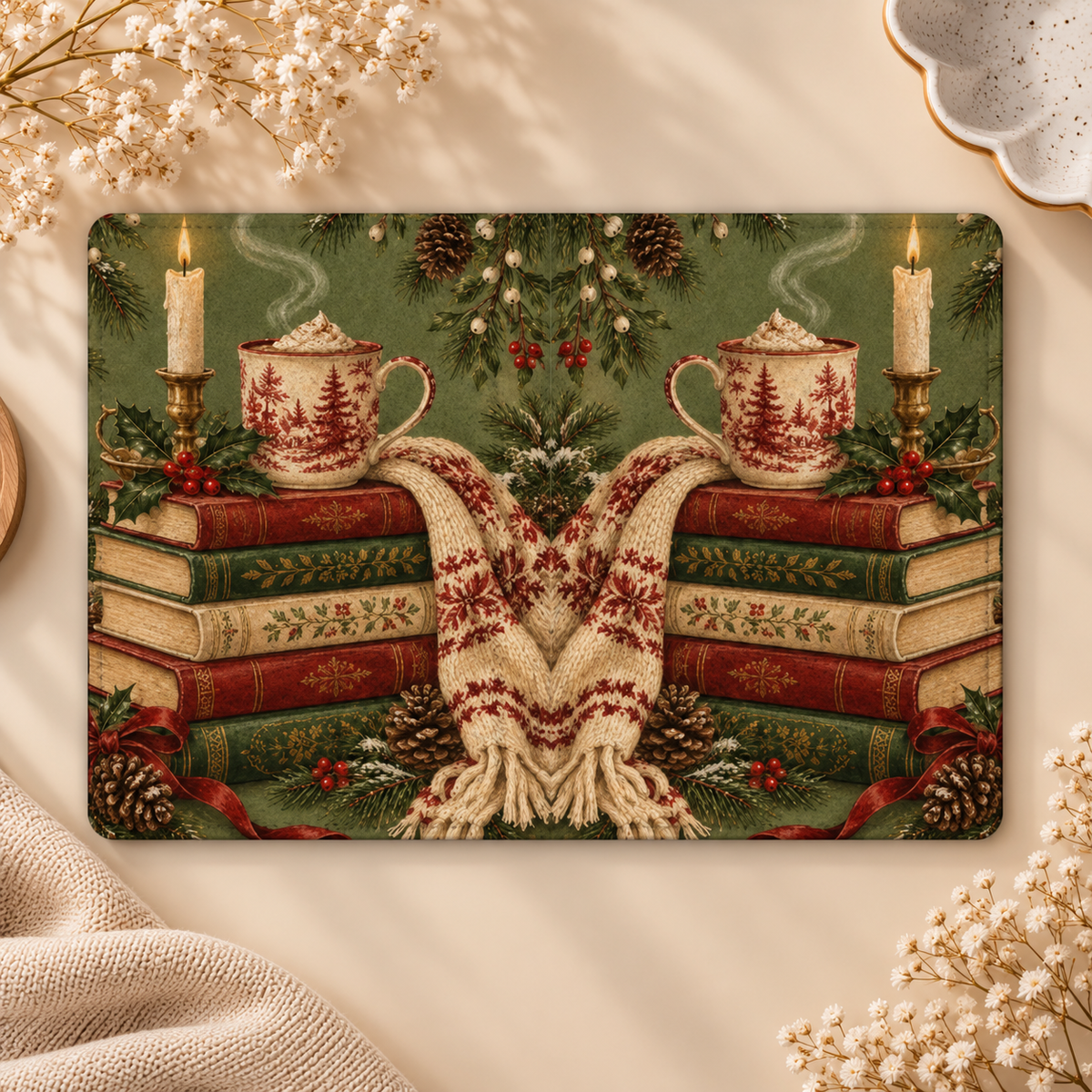 Christmas Book Stack Kindle case opened flat, front and back — book stacks, cocoa mugs, candles and a Fair Isle scarf