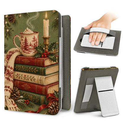 Christmas Book Stack Kindle case — elastic hand strap and fold-out stand on the back
