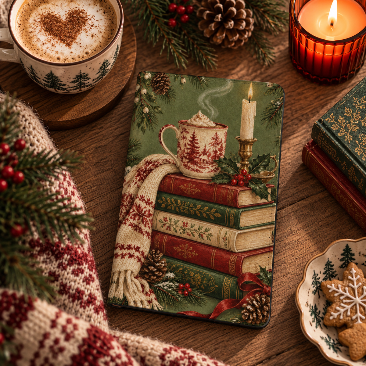 Christmas Book Stack Kindle case — books, cocoa and a candle on green, styled with a latte, red candle and Christmas cookies