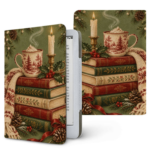 Christmas Book Stack Kindle case — stacked classic books, cocoa and a candle framed in holly, printed front and back