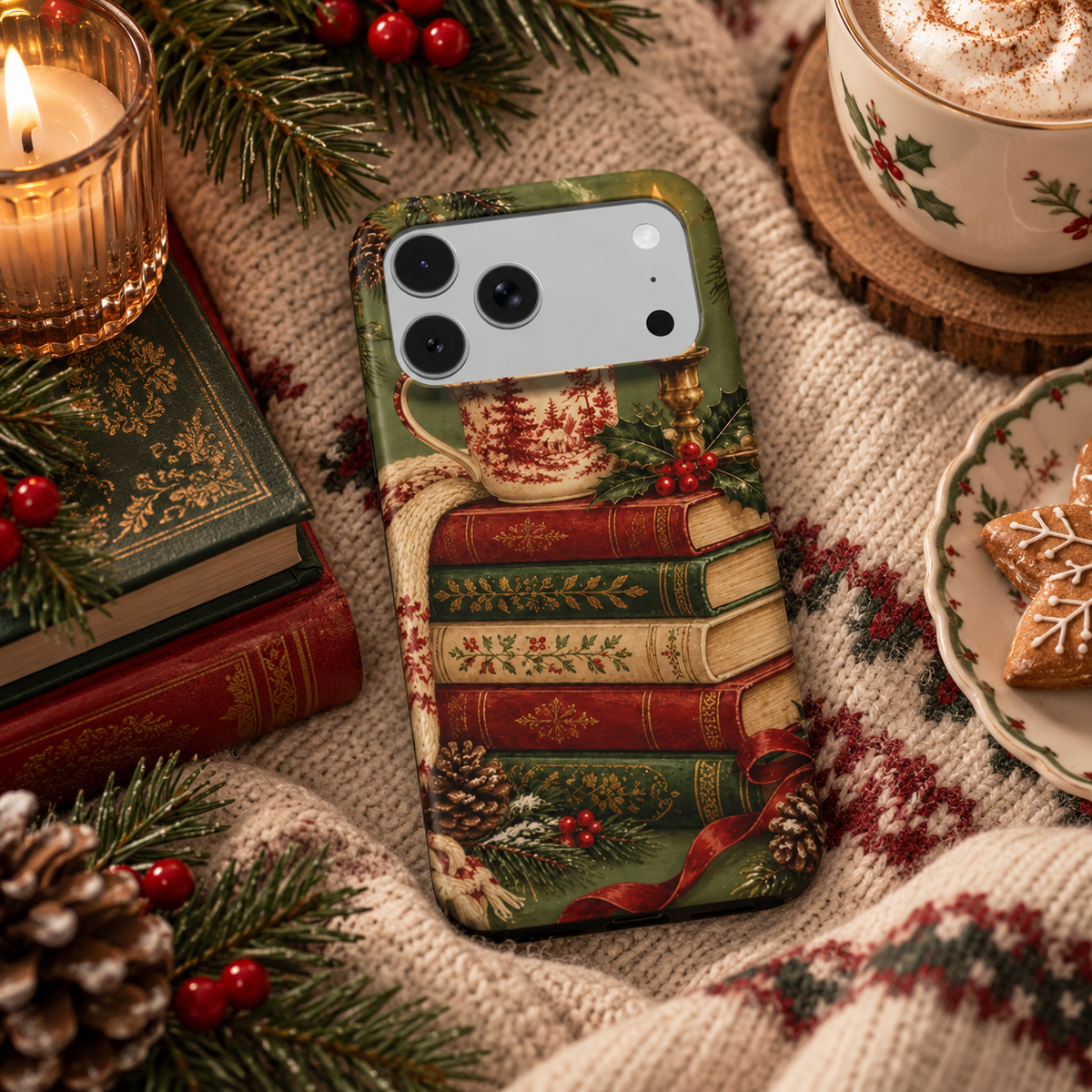 Christmas Book Stack phone case – MagSafe iPhone case, lifestyle photo