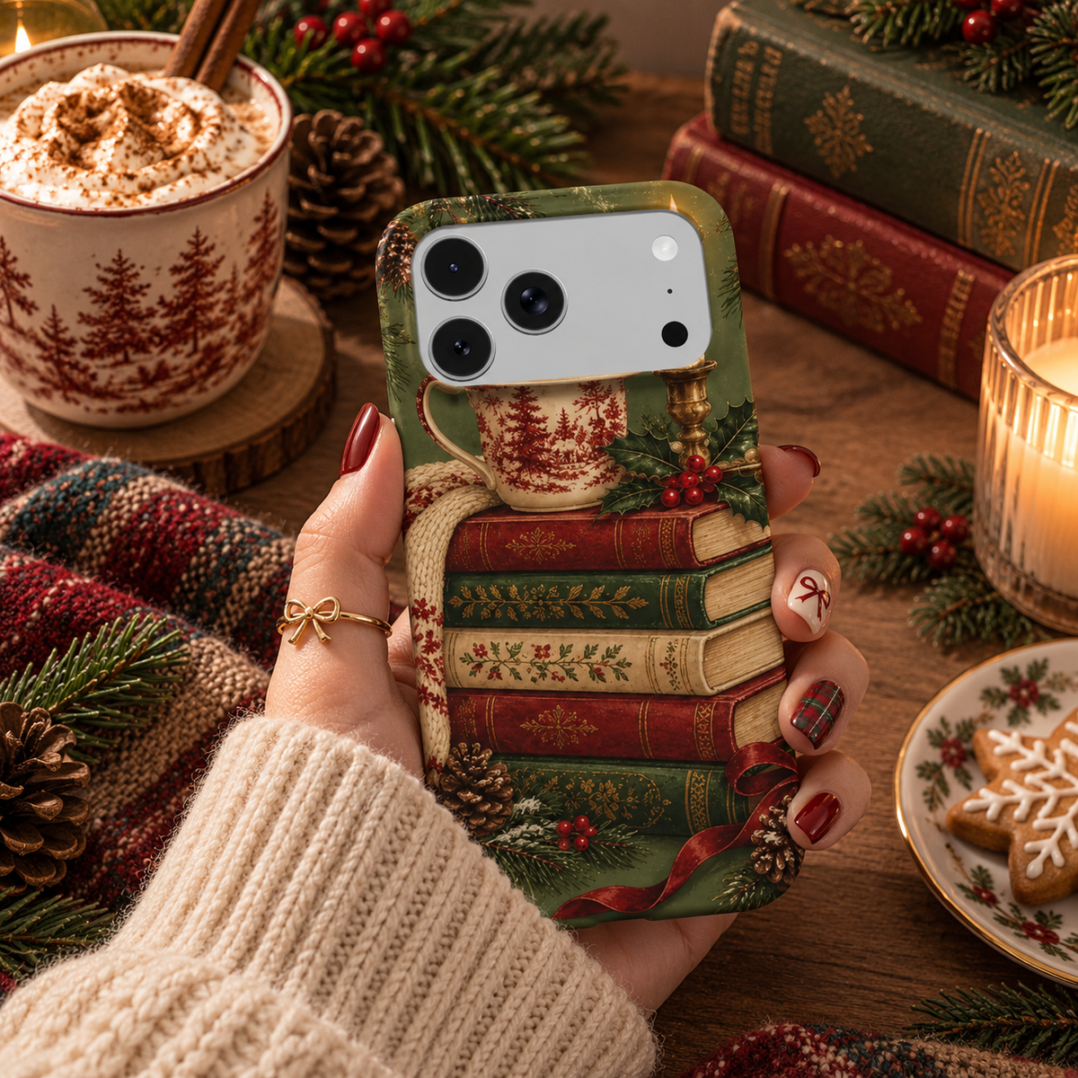 Christmas Book Stack phone case – MagSafe iPhone case, styled photo