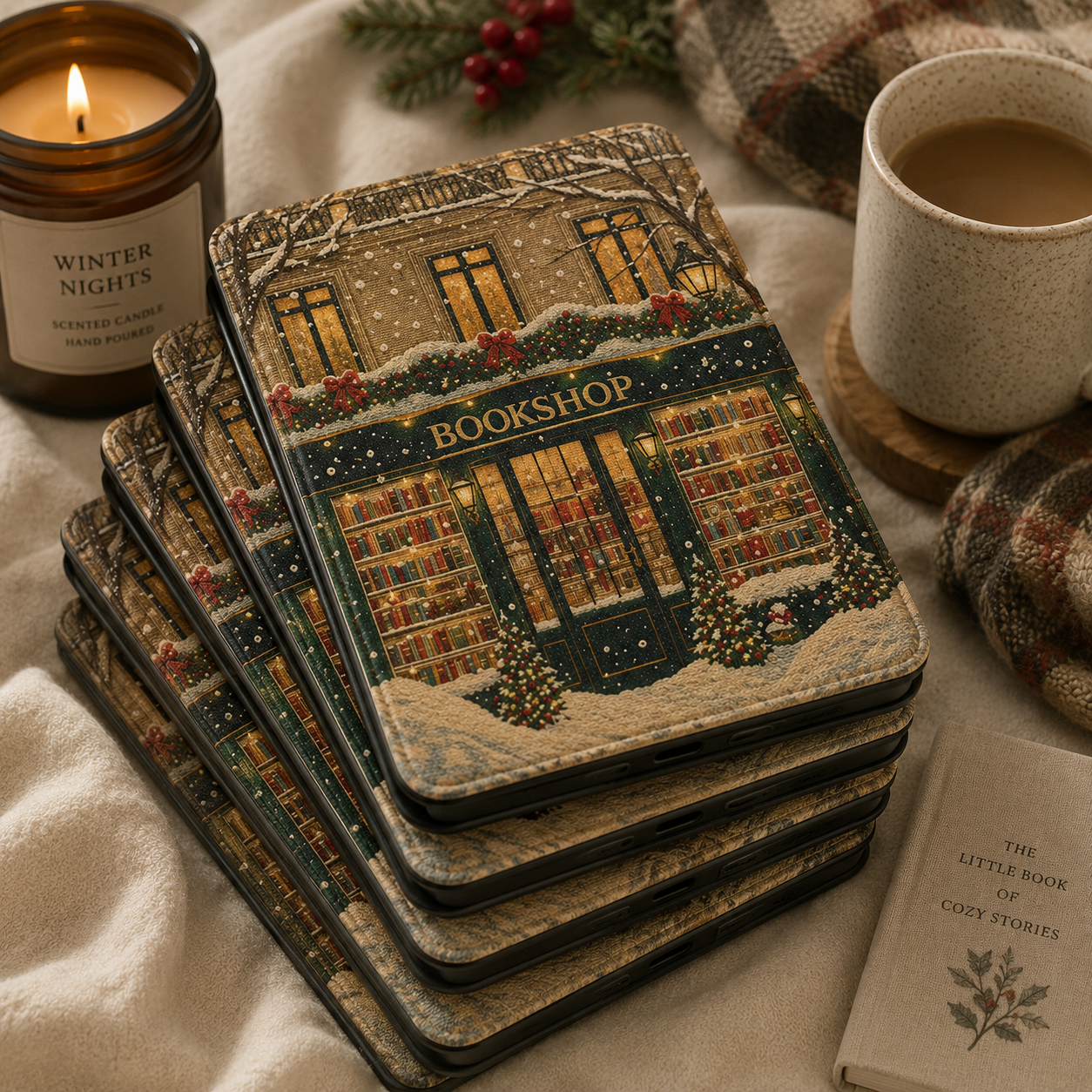 Christmas Bookshop Kindle case shown at an angle