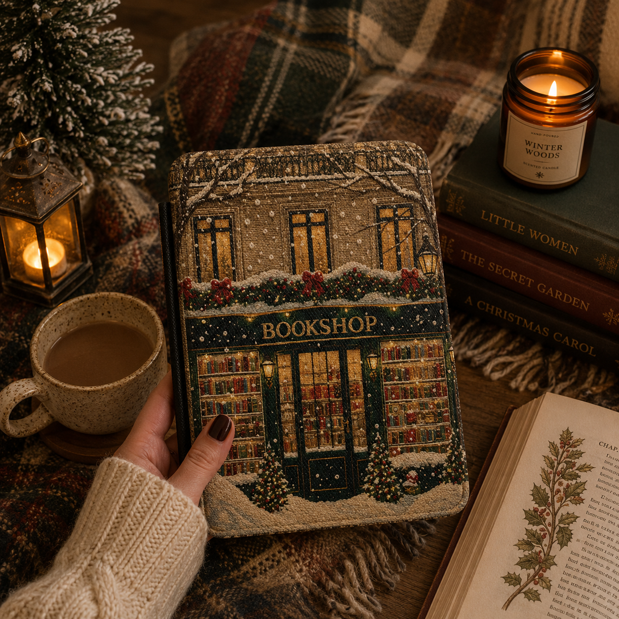 Close-up of Christmas Bookshop Saffiano Kindle case