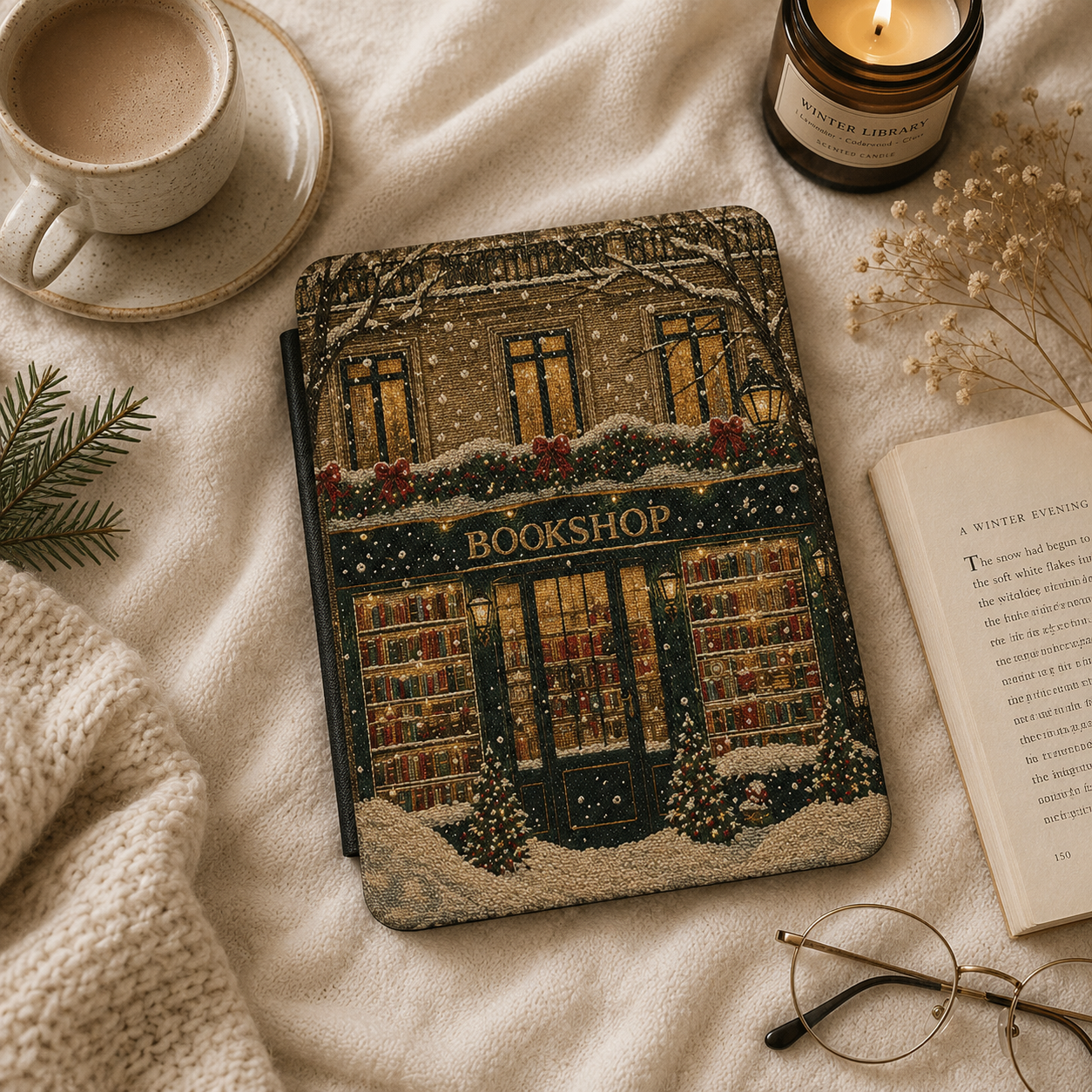 Christmas Bookshop Kindle case front cover — festive bookshop print