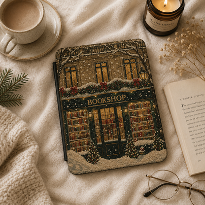 Christmas Bookshop Kindle case front cover — festive bookshop print
