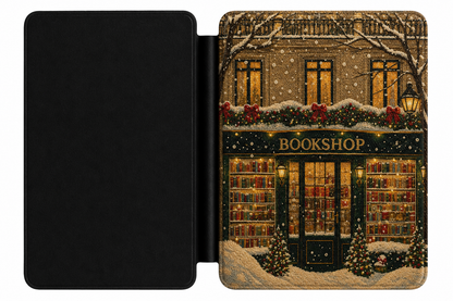 Christmas Bookshop Kindle case open showing e-ink Kindle on right interior panel