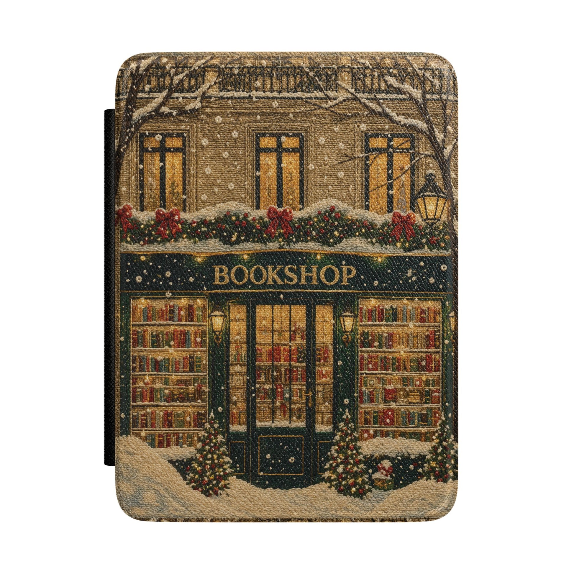 Christmas Bookshop Kindle case — festive bookshop print