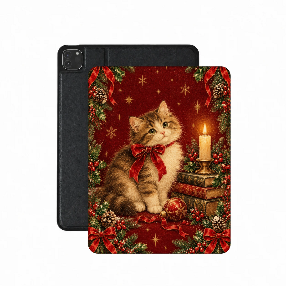 Christmas Cat iPad case — fluffy kitten with a red bow beside a candle and stack of books, printed front cover over the plain black back