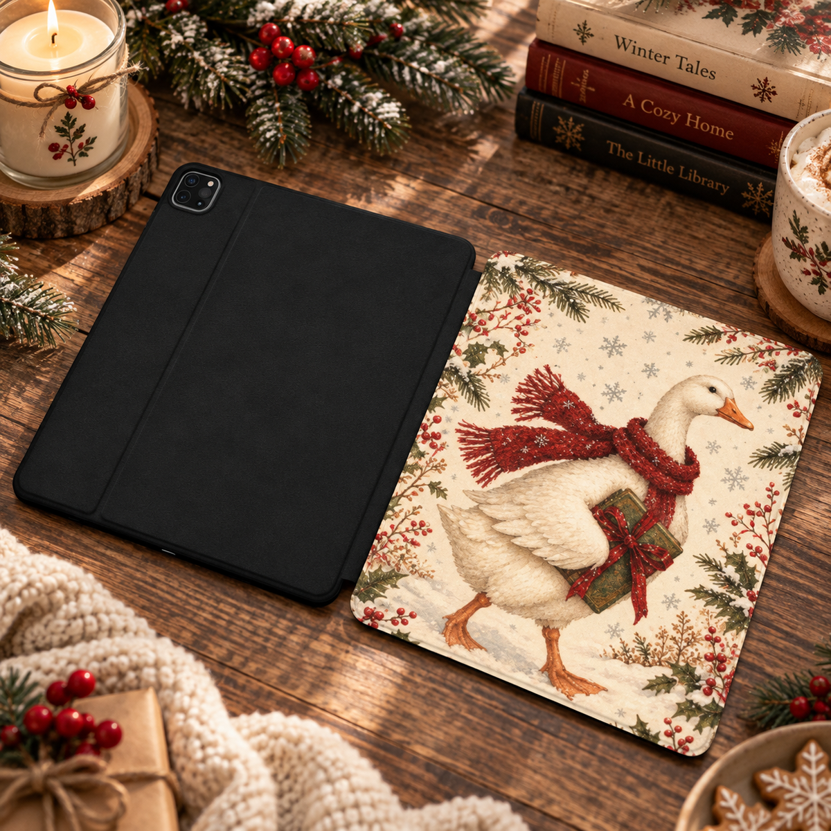 Christmas Goose iPad case shown front and back — printed front cover, plain black back