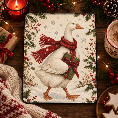Christmas Goose iPad case styled with a knit blanket, hot cocoa and star cookies