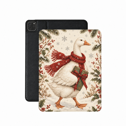 Christmas Goose iPad case — white goose in a red scarf carrying a gift through the snow