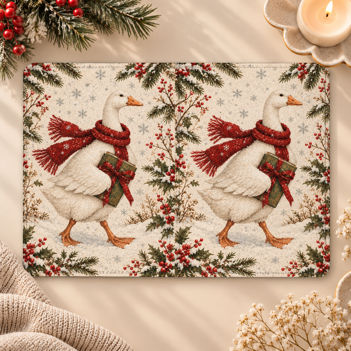 Christmas Goose Kindle case opened flat, front and back — goose in a red scarf with a wrapped book, holly and pine