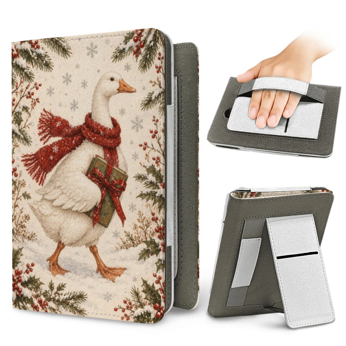 Christmas Goose Kindle case — elastic hand strap and fold-out stand on the back