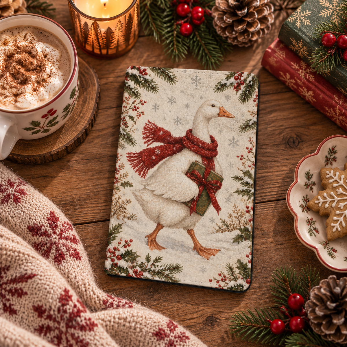 Christmas Goose Kindle case — goose in a red scarf on snowy cream, styled with cocoa, a candle, pine cones and cookies