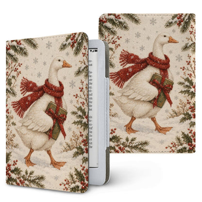 Christmas Goose Kindle case — white goose in a red scarf carrying a gift-wrapped book, printed front and back