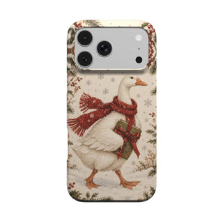 Christmas goose iPhone case — white goose in a red scarf with holly and pine, MagSafe phone case, front view