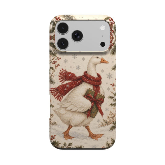 Christmas goose iPhone case — white goose in a red scarf with holly and pine, MagSafe phone case, front view