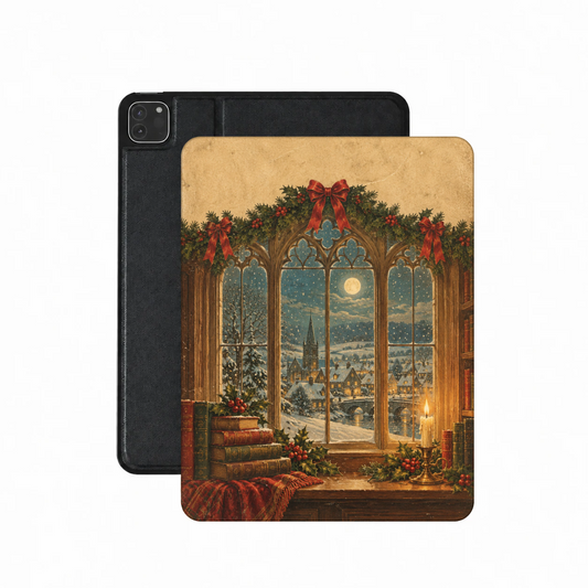 Christmas Library Window iPad case — arched library window with snowfall, candle, holly and old books, printed front cover over the plain black back
