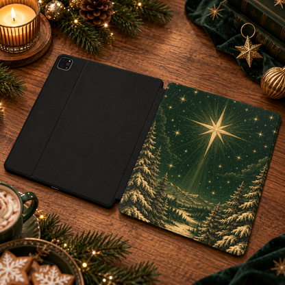 Christmas Star iPad case shown front and back — printed front cover, plain black back
