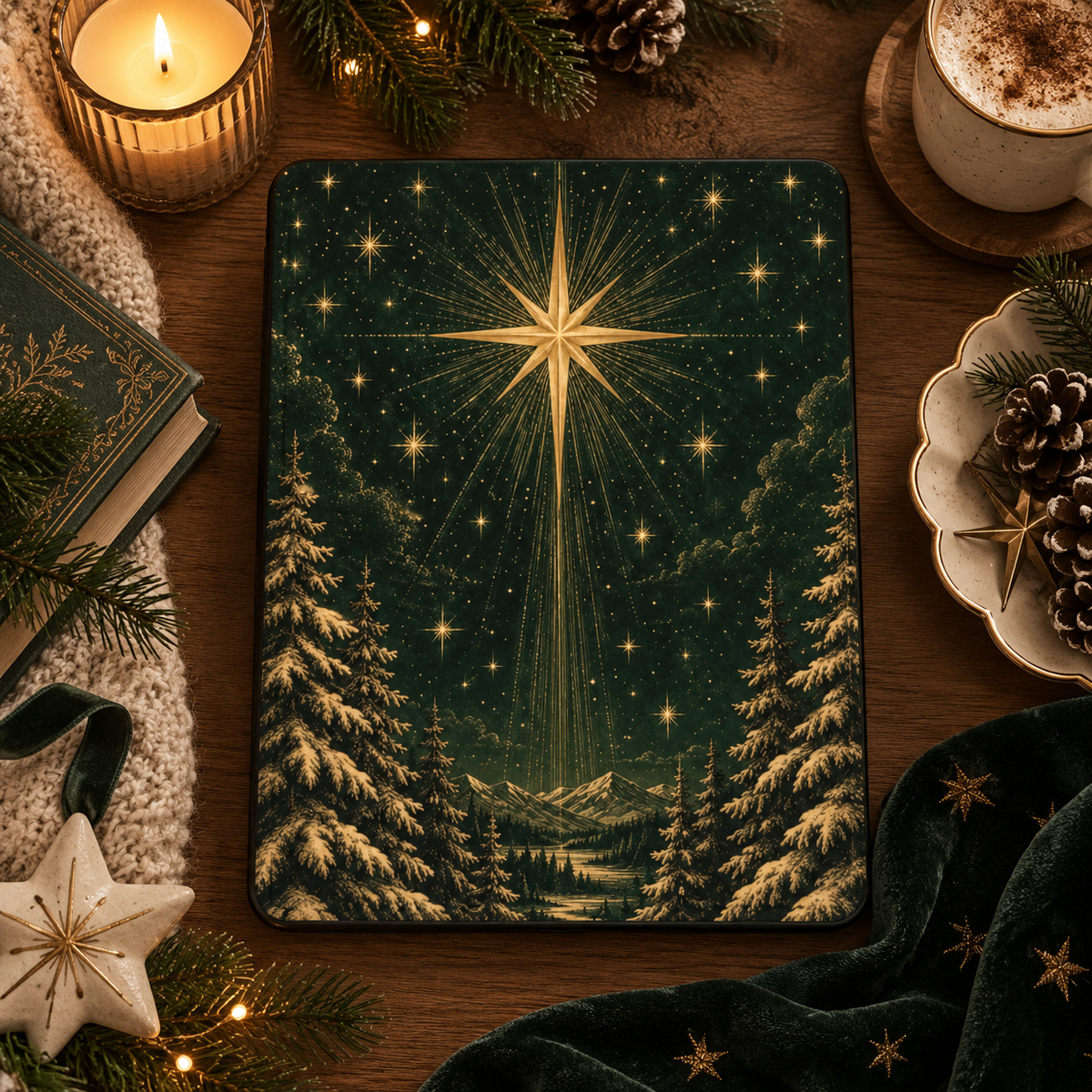 Christmas Star iPad case styled with a candle, pine cones and a hot drink