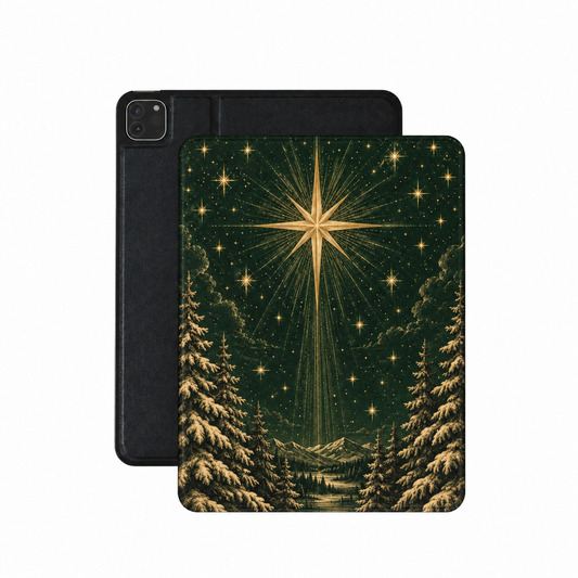 Christmas Star iPad case — gold star shining over snowy pines on deep green