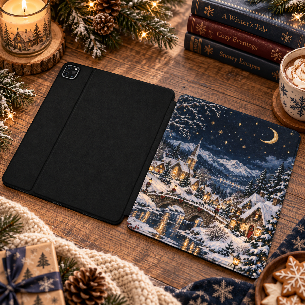 Christmas Village iPad case shown front and back — printed front cover, plain black back