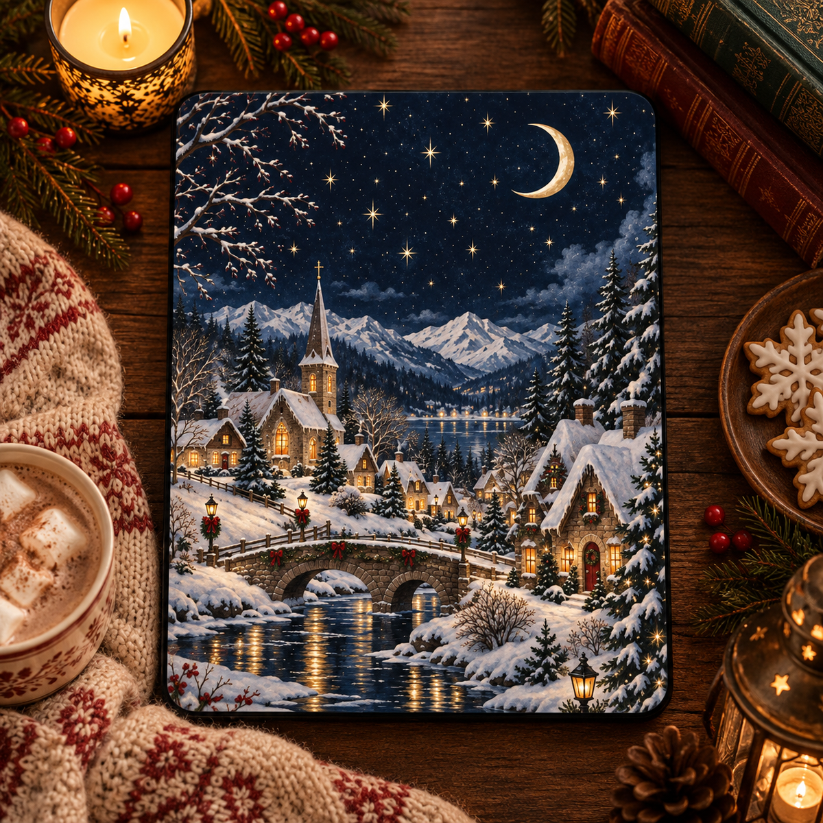 Christmas Village iPad case styled with hot cocoa, a Nordic knit and a lantern