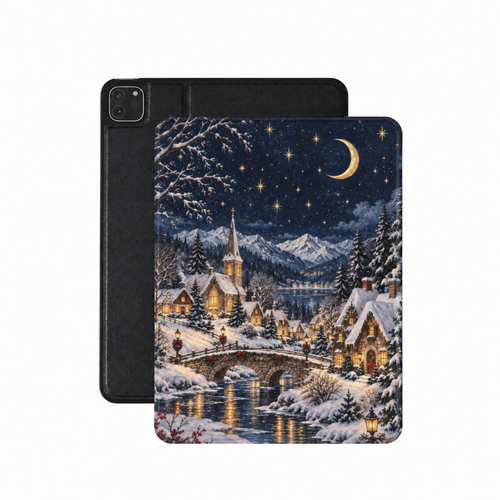 Christmas Village iPad case — snowy village under a crescent moon and starry navy sky