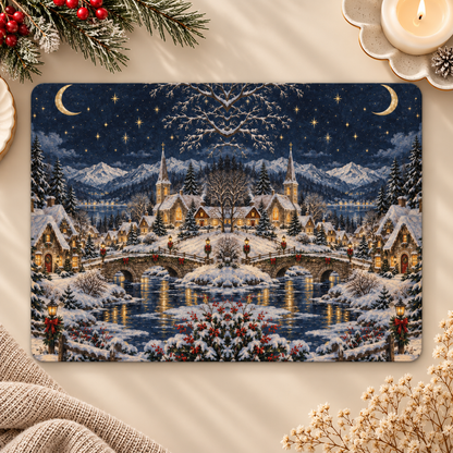 Christmas Village Kindle case opened flat, front and back — snowy village, stone bridge and crescent moon on navy